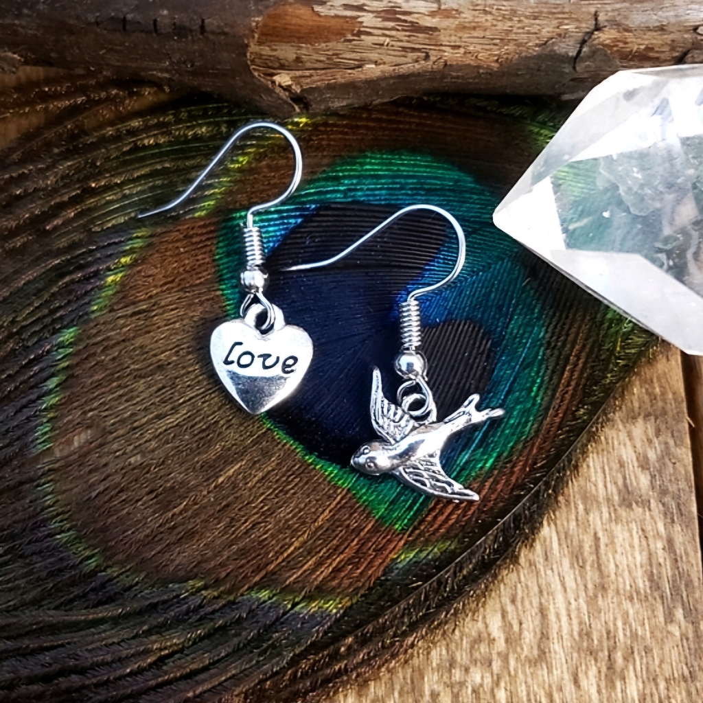 Mismatched Heart Love & Peace Dove Earrings Valentine's Day Anniversary Wife Mom